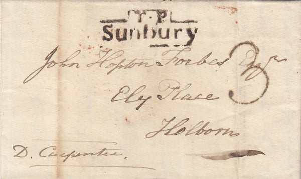 87932 - 1833 MIDDLESEX/'T.P. SUNBURY' HAND STAMP. Entire Sunbury to Holborn dated 21...