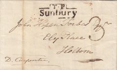 87932 - 1833 MIDDLESEX/'T.P. SUNBURY' HAND STAMP. Entire Sunbury to Holborn dated 21...
