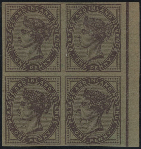 92969 - 1881 1D LILAC (SG172) IMPERF PLATE PROOF IN BLACK ON GREEN WOVE PAPER. A good right ma...