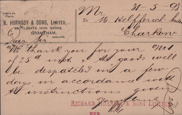 93080 LINCS. 1893 QV 1d scarlet UPU post card Grantham to Russia.