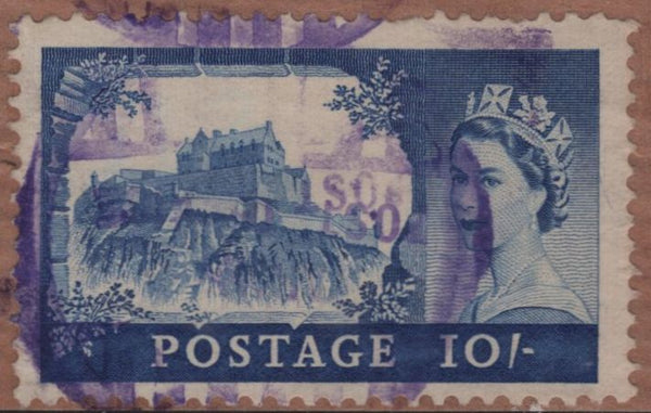 93749  1955 10s CASTLE ISSUE, CONSTANT VARIETY 'DIAGONAL SCRATCH RIGHT MARGIN', USED.