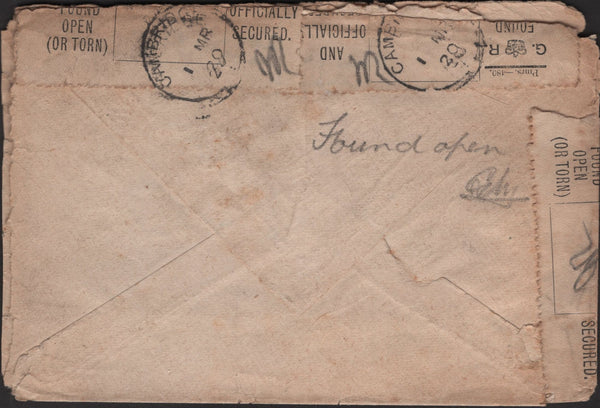 94488 - 1920 DAMAGED/OFFICIALLY RESEALED MAIL. Envelope Canada to Cambrid...