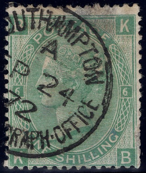 96528 1872 1S GREEN PL.6 LETTERED(SG117) KB CONSTANT VARIETY 'DOUBLE PLATE NUMBER AT RIGHT' (SPEC J106a)."D...