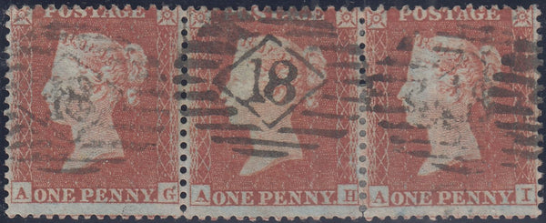 97443 18543 DIE 1 1D RES.PL.6 (SG22) STRIP OF THREE LETTERED AG AH AI, ALL MISSING IMPRIMATURS.