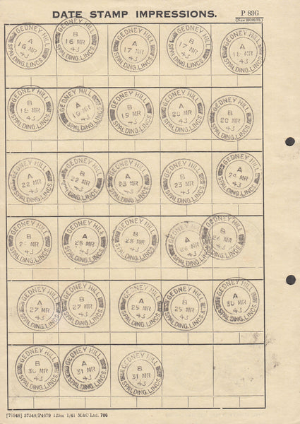 100237 1943 'GEDNEY HILL/SPALDING LINCS' DATE STAMP IMPRESSIONS.