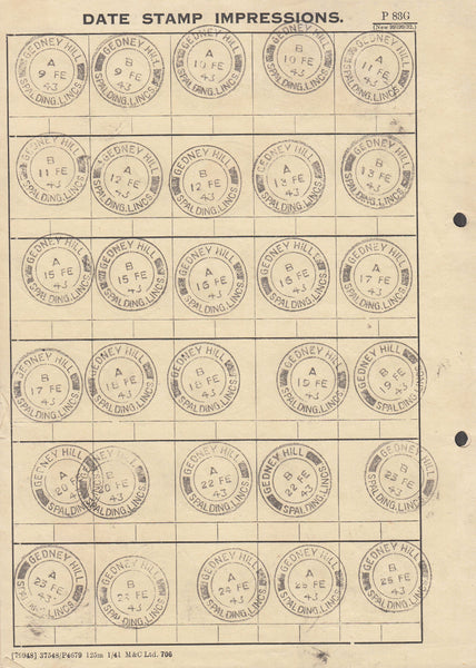100237 1943 'GEDNEY HILL/SPALDING LINCS' DATE STAMP IMPRESSIONS.
