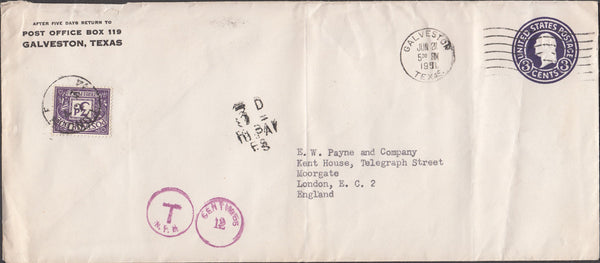 100243 1951 UNDERPAID MAIL GALVESTON, USA TO LONDON.