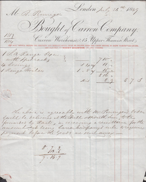 100252 - 1849 PRINTED BILLHEAD/LONDON.