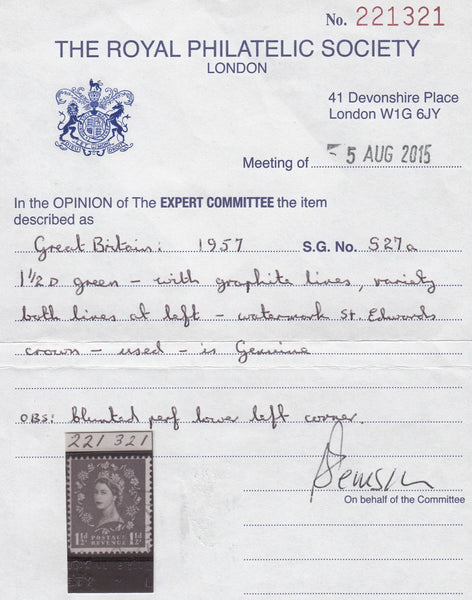 100272 - 1957 1½D WILDING GRAPHITE LINE ISSUE VARIETY "BOTH LINES AT LEFT" (SG563a).