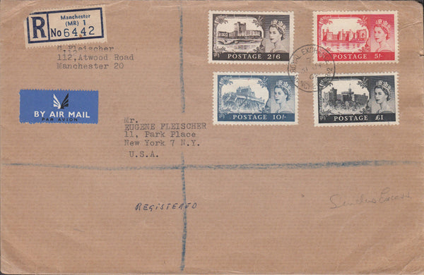 100303 - 1962 SET OF CASTLES ON COVER MANCHESTER TO NEW YORK.