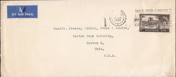 100322 1963 AIR MAIL LIVERPOOL TO OHIO USA WITH 2/6D CASTLE.