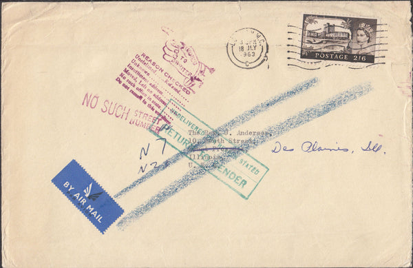 100323 1963 2/6D CASTLE USAGE UNDELIVERED MAIL LONDON TO USA.