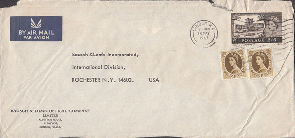 100357 1967 AIR MAIL LONDON TO USA WITH 2/6 CASTLE.