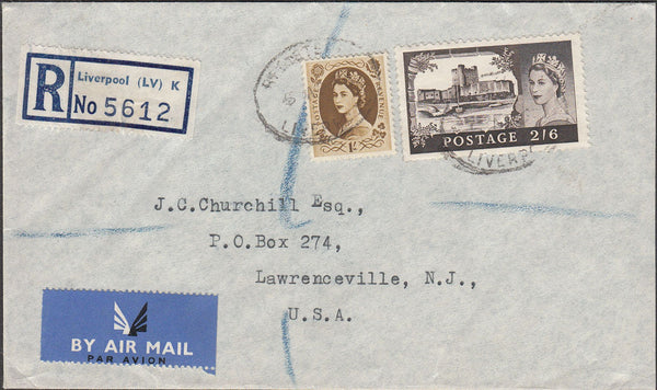 100382 1960 AIR MAIL LIVERPOOL TO USA WITH 2/6 CASTLE.