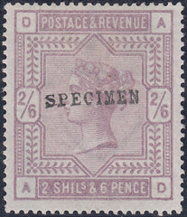 100418 - 1883 2/6 LILAC ON BLUED PAPER OVERPRINTED "SPECIMEN".