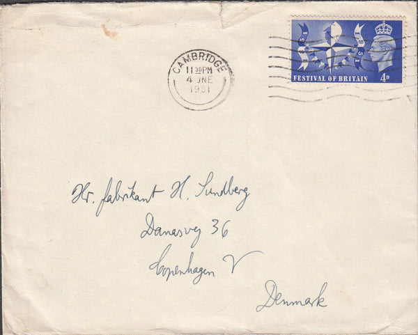 100440 - 1951 MAIL CAMBRIDGE TO DENMARK/FESTIVAL OF BRITAIN.