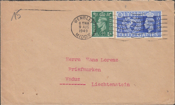 100458 - 1949 MAIL WEMBLEY TO LEICHTENSTEIN/OLYMPIC GAMES.
