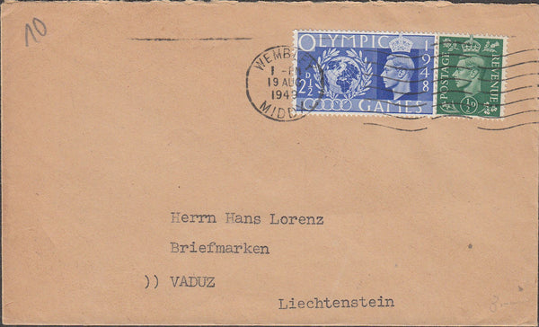 100464 - 1949 MAIL WEMBLEY TO LEICHTENSTEIN/OLYMPIC GAMES.