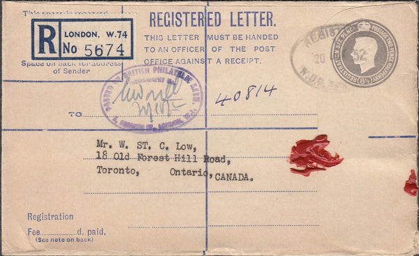100522 - 1952 REGISTERED MAIL LONDON TO CANADA/B.P.A. HAND STAMP.