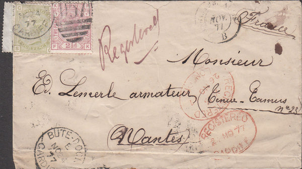 100584 - 1877 REGISTERED MAIL CARDIFF TO FRANCE/4D SAGE GREEN PL.15 (SG153).