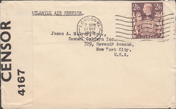 100630 - 1940 MAIL LONDON TO NEW YORK/2/6 BROWN (SG476).