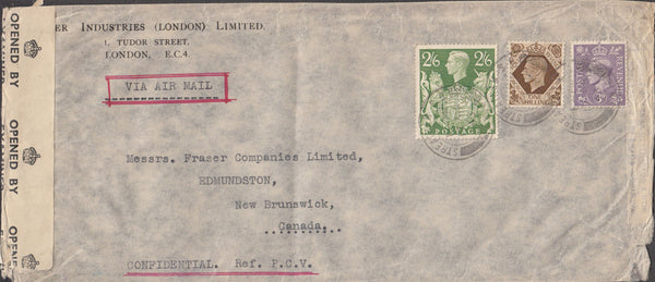 100729 1943 AIR MAIL MAIL STREATHAM, LONDON TO NEW BRUNSWICK, CANADA WITH KGVI 2/6D YELLOW-GREEN (SG476b).