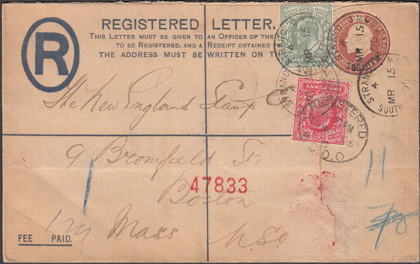100733 - 1905 REGISTERED MAIL LONDON TO STAMP DEALER IN USA.