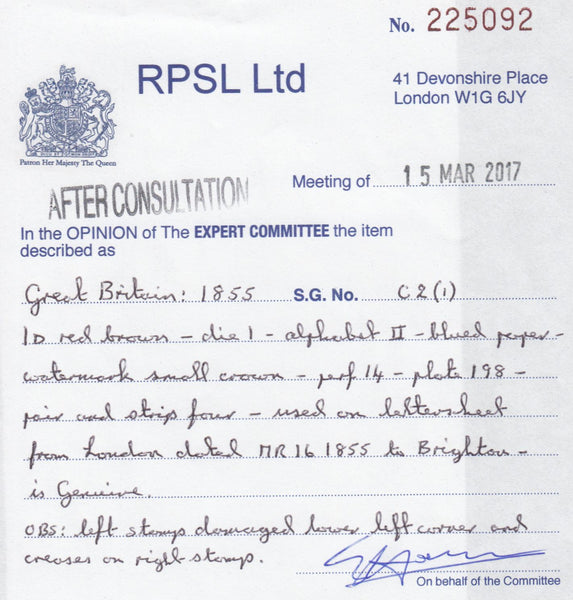 100808 - 1855 DIE 1 PL.198 S.C.14 (SG22) SIX EXAMPLES ON COVER LONDON TO BRIGHTON LETTERED EB EC ED EE EF EG.