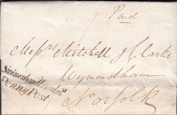 100926 - 1843 SWINESHEAD LINCOLN/PENNY POST HAND STAMP (LI1043).