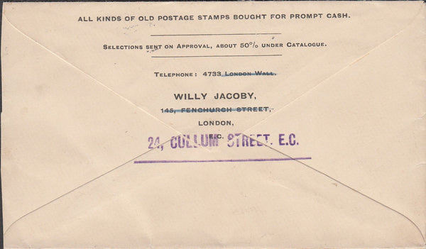 100971 CIRCA 1924 'WILLY JACOBY' STAMP DEALER MAIL LONDON TO GERMANY.