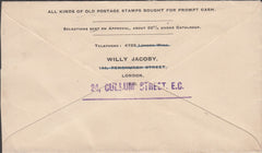 100971 CIRCA 1924 'WILLY JACOBY' STAMP DEALER MAIL LONDON TO GERMANY.
