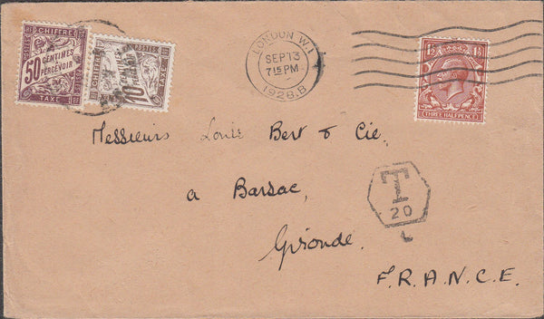 100988 - 1928 UNDERPAID MAIL LONDON TO FRANCE.
