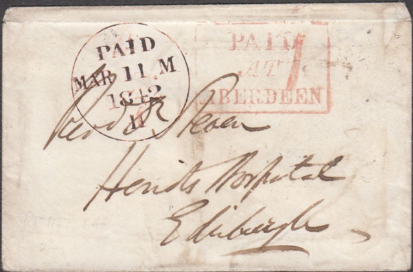 100989 - 1842 "PAID AT ABERDEEN" BOXED HAND STAMP IN RUBY.