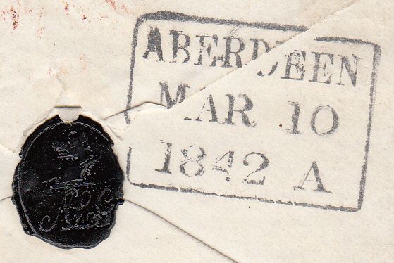 100989 - 1842 "PAID AT ABERDEEN" BOXED HAND STAMP IN RUBY.