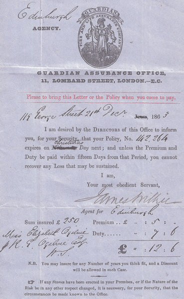 101202 - GUARDIAN ASSURANCE OFFICE LONDON 1863 PRINTED WRAPPER.