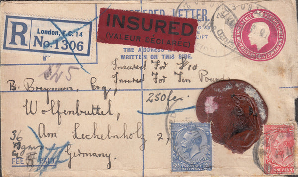 101382 - 1927 INSURED MAIL LONDON TO GERMANY.
