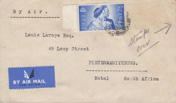 101391 - 1948 MAIL CROYDON TO SOUTH AFRICA/2½D ROYAL SILVER WEDDING (SG493).