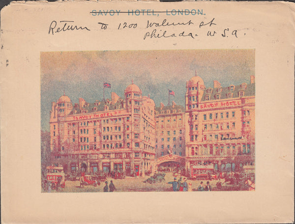 101398 - 1915 MAIL LONDON TO USA/HOTEL ILLUSTRATION.