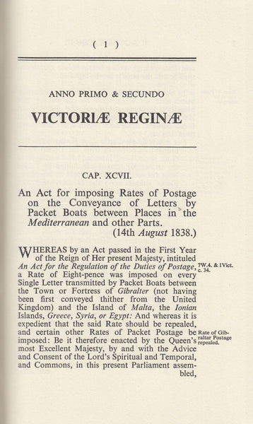 101411 - ACTS OF PARLIAMENT RELATING TO THE POST OFFICE FROM 1 AND 2 VICTORIA TO 7 AND 8 VICTORIA 1838-1844.