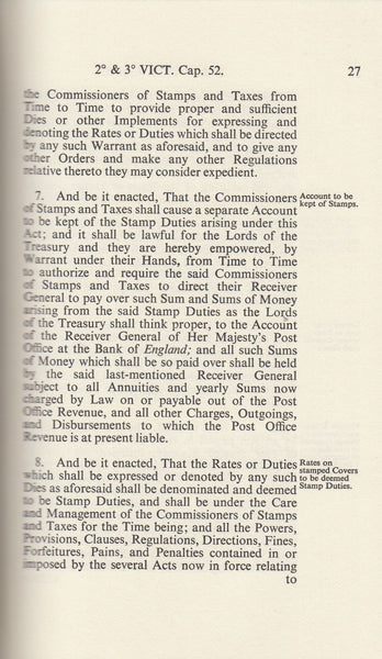 101411 - ACTS OF PARLIAMENT RELATING TO THE POST OFFICE FROM 1 AND 2 VICTORIA TO 7 AND 8 VICTORIA 1838-1844.