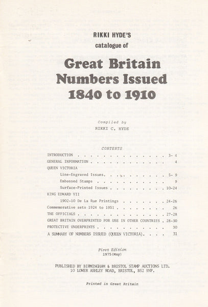 101468 - GREAT BRITAIN NUMBERS ISSUED 1840-1910 BY RIKKI HYDE.