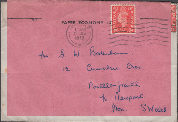 101764 - 1953 RE-USED ENVELOPE.