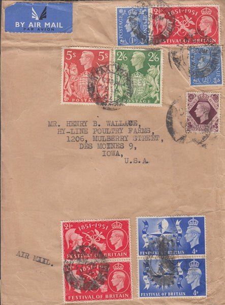 102371 1951 AIR MAIL HALIFAX, YORKS TO IOWA, USA WITH KGVI HIGH VALUES.