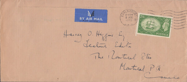 102394 1955 AIR MAIL EARL'S COURT, LONDON TO MONTREAL CANADA WITH KGVI 2/6 YELLOW-GREEN (SG509).