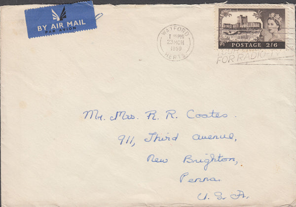102412 - 1959 MAIL WATFORD TO USA/2/6D CASTLE.