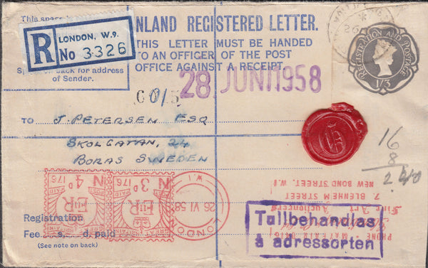 102453 - 1958 REGISTERED MAIL LONDON TO SWEDEN/METER MARKS.