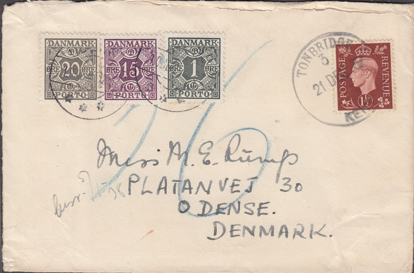 102463 - 1937 UNDERPAID MAIL TONBRIDGE TO DENMARK.