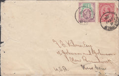 102534 - 1908 ENVELOPE COXWOLD (YORKS) TO CANADA WITH COMBINATION OF GB AND CANADIAN STAMPS.