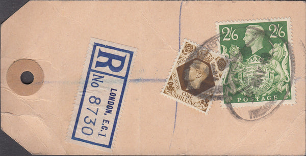 102546 - 1949 BANKER'S PARCEL TAG/KGVI 2/6 YELLOW-GREEN (SG476b).