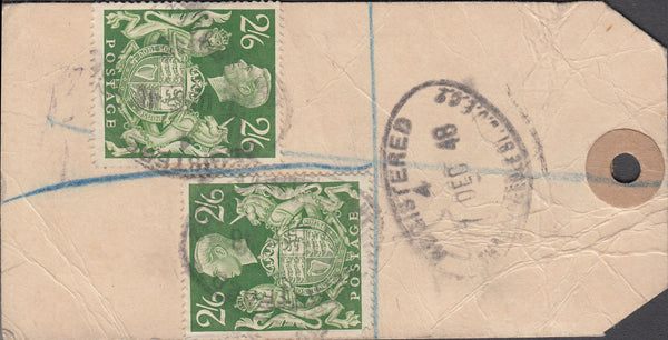 102553 - 1948 BANKER'S PARCEL TAG/KGVI 2/6 YELLOW-GREEN (SG476b).